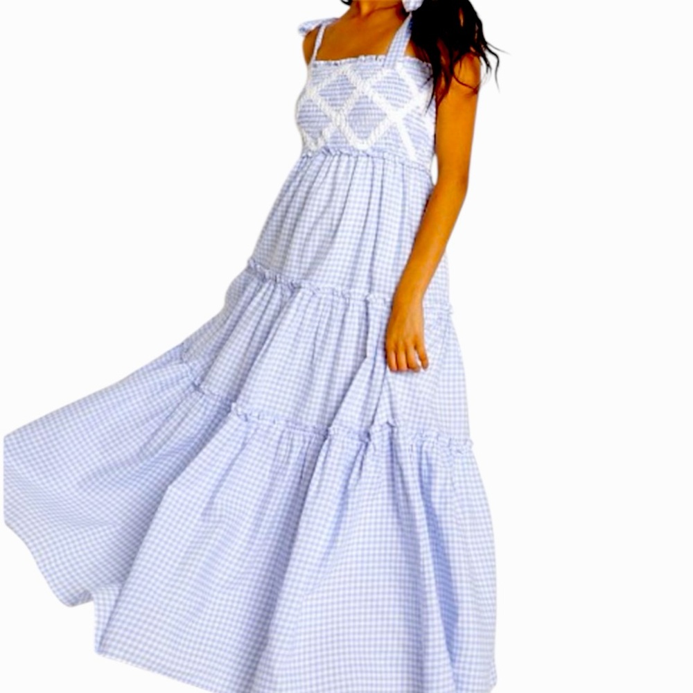 Sweet en Forme gingham sundress maxi smocked blue white summer party size L